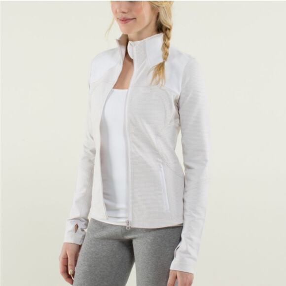 Lululemon Forme Jacket Dune Tan White Gingham Luon Zip Fitted Jacket 6 W4A92S - Picture 16 of 16